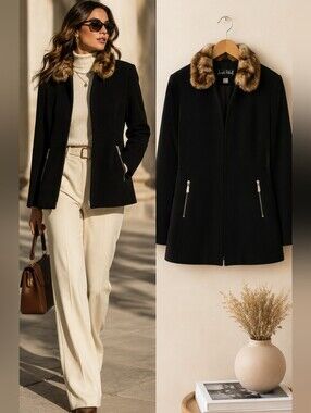 Joseph Ribkoff Black Jacket Fur Collar Size 14 Elegant Dressy Coat